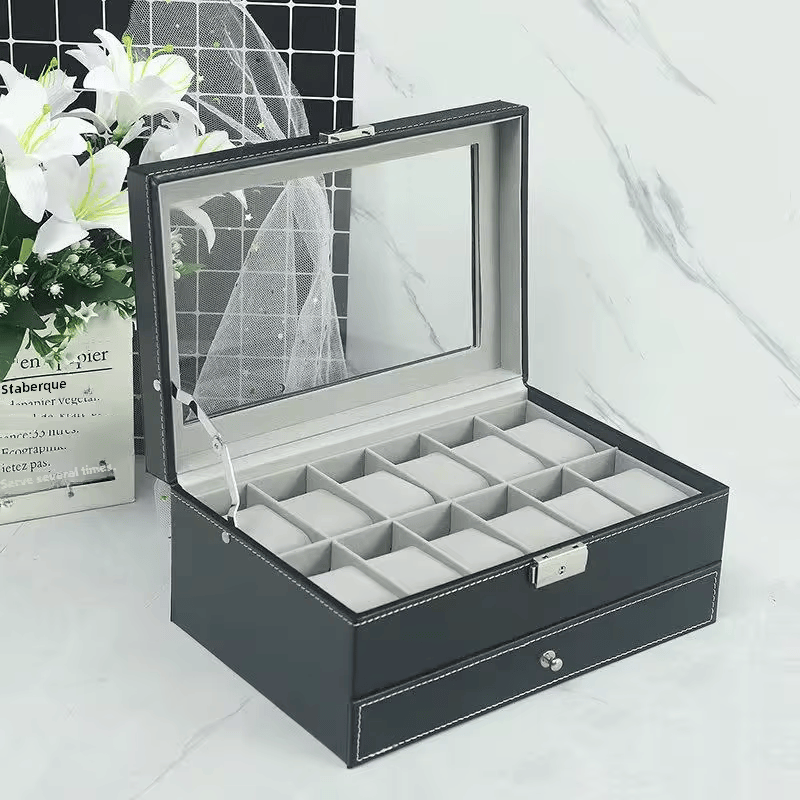 Caja Organizadora de Relojes – Cuero con Tapa de Vidrio