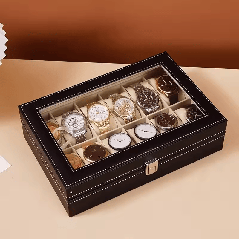 Caja Organizadora de Relojes – Cuero con Tapa de Vidrio