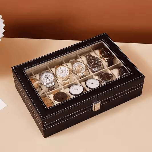 Caja Organizadora de Relojes – Cuero con Tapa de Vidrio