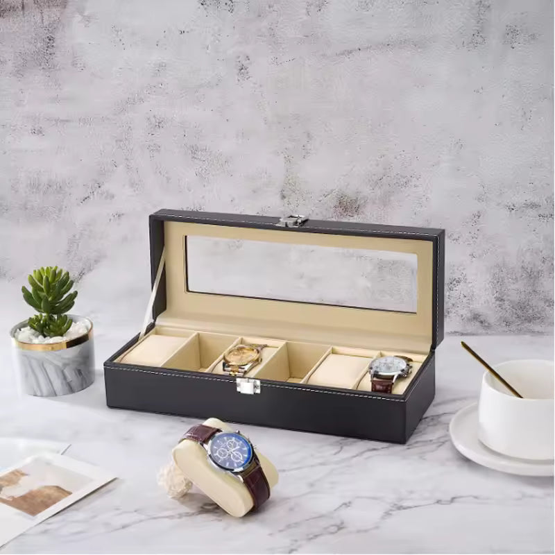 Caja Organizadora de Relojes – Cuero con Tapa de Vidrio